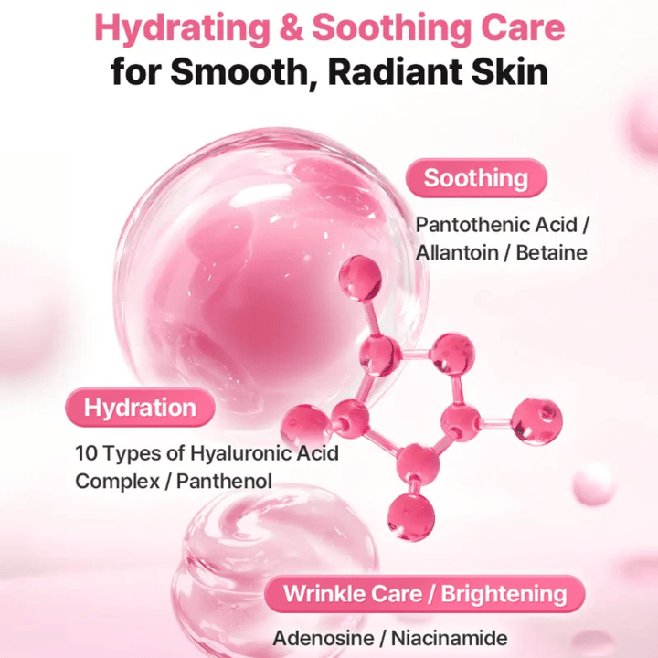 Imagen ilustrativa de ingredientes de COSRX Peptide Collagen Lifting Glow Pad con enfoque en hidratación, efecto calmante e ingredientes que aportan luminosidad como ácido hialurónico, niacinamida y pantenol.