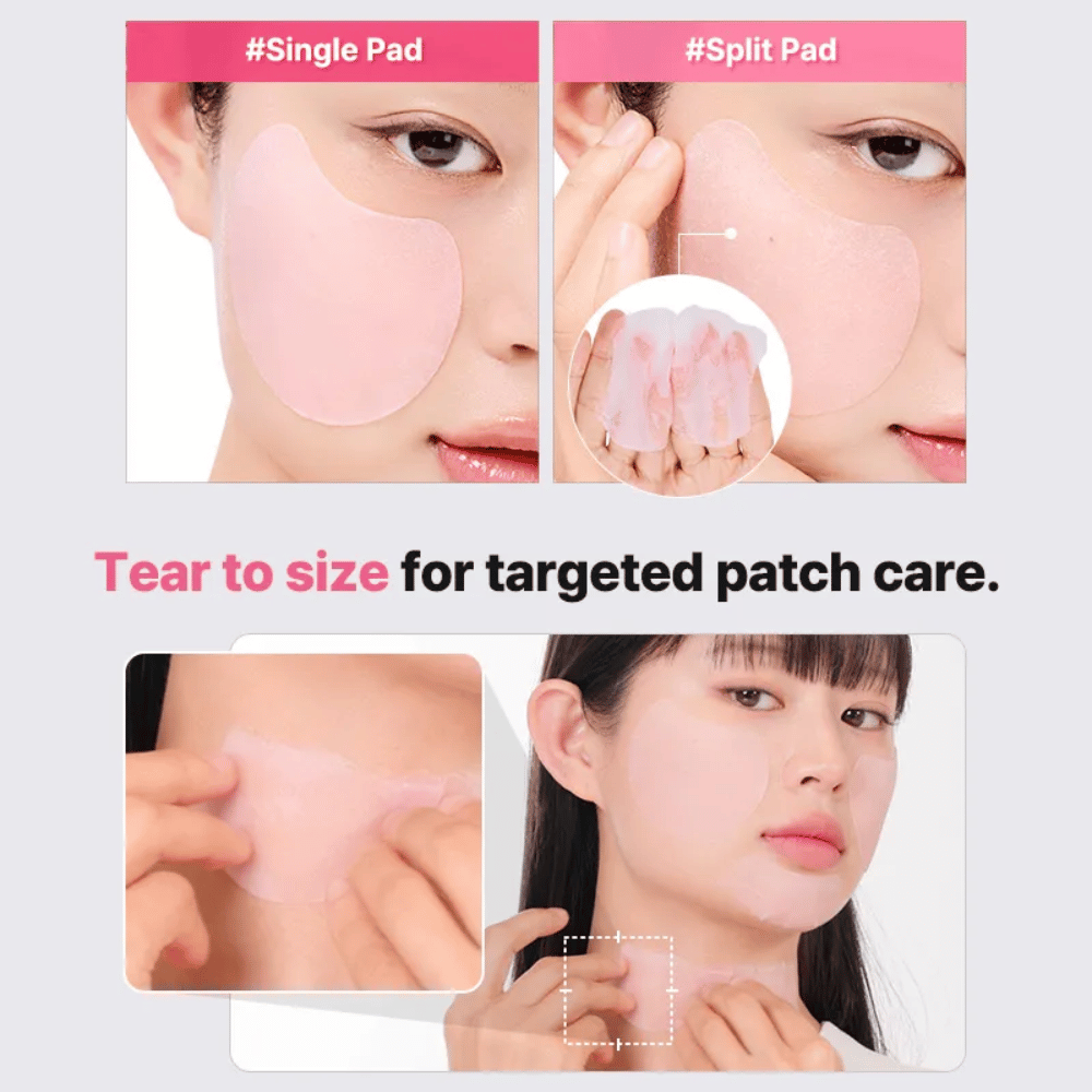 Almohadilla de hidrogel divisible de COSRX que puede usarse tanto como mascarilla facial completa como en parches más pequeños para el cuidado específico de la piel del rostro y el cuello.
