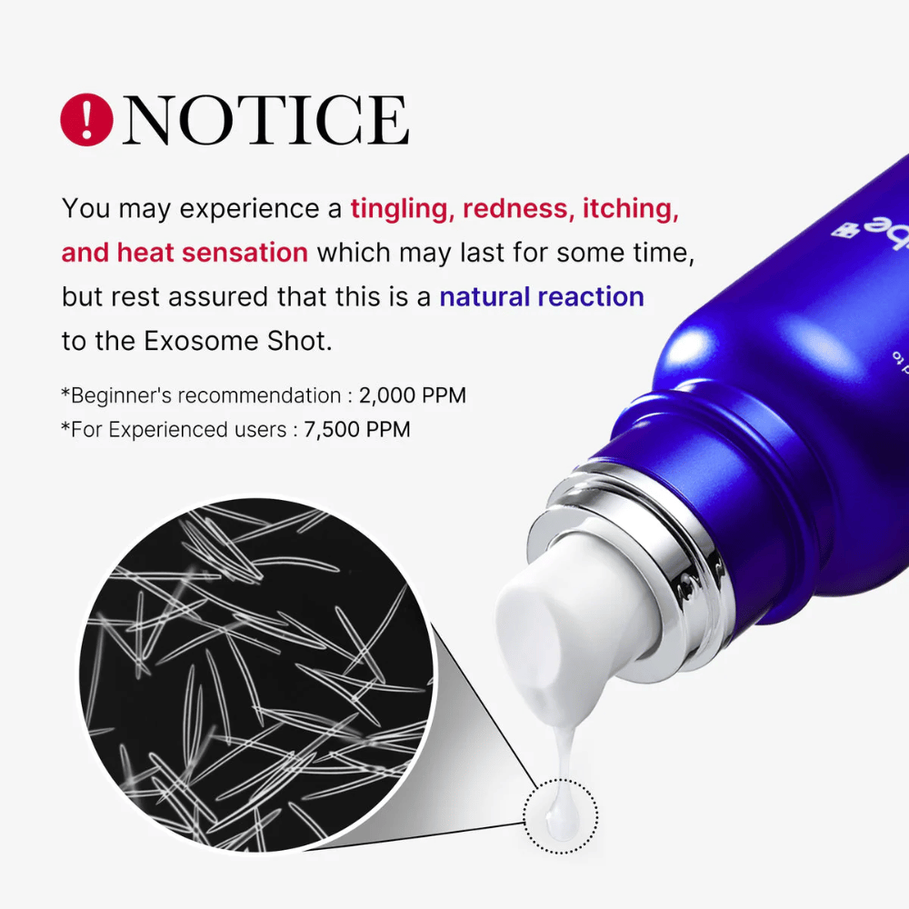 Tenga en cuenta que el uso de Medicube One Day Exosome Shot Pore Ampoule 2000 puede causar hormigueo, enrojecimiento, picazón y sensación de calor. Esta es una reacción natural al componente exosoma. Dosis recomendada: Principiantes 2 000 PPM, usuarios experimentados 7 500 PPM.