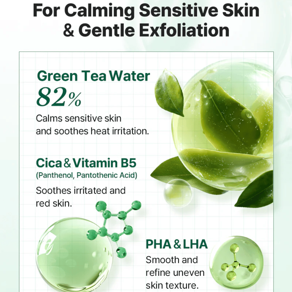 Imagen informativa de COSRX One Step Original Clear Skin Calming Pad con agua de té verde, Cica, vitamina B5 y exfoliación suave con PHA y LHA.