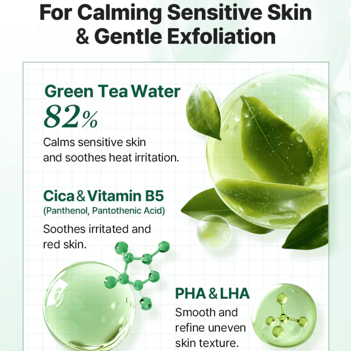 Imagen informativa de COSRX One Step Original Clear Skin Calming Pad con agua de té verde, Cica, vitamina B5 y exfoliación suave con PHA y LHA.