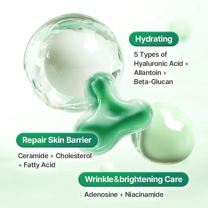 Imagen ilustrativa que muestra ingredientes y beneficios para la piel de COSRX One Step Original Clear Skin Calming Pad, incluidos ácido hialurónico, ceramidas y niacinamida.