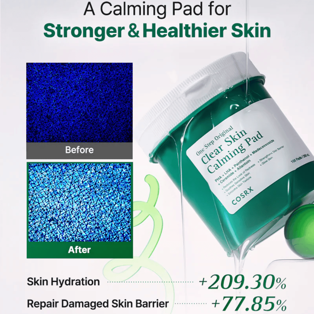 Imagen promocional de COSRX One Step Original Clear Skin Calming Pad que muestra una hidratación mejorada y una barrera cutánea fortalecida después del uso.