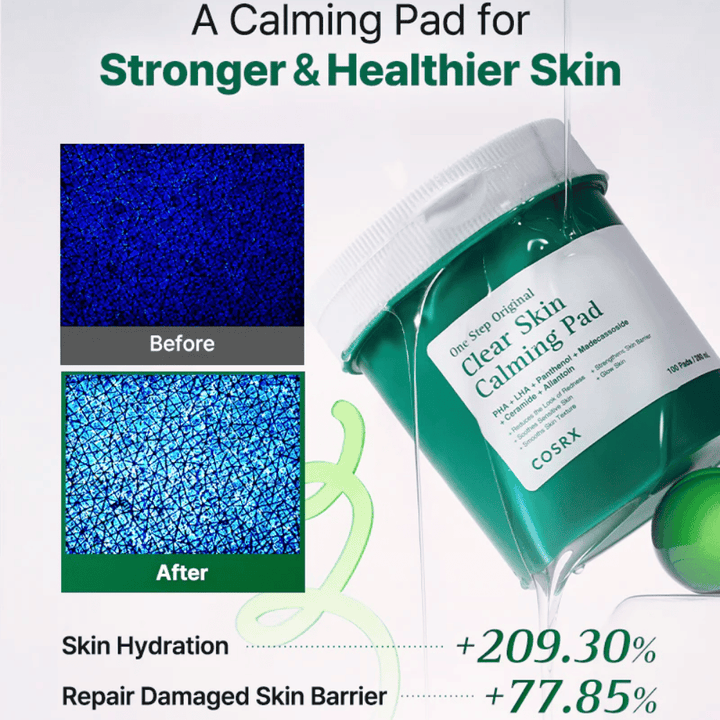 Imagen promocional de COSRX One Step Original Clear Skin Calming Pad que muestra una hidratación mejorada y una barrera cutánea fortalecida después del uso.
