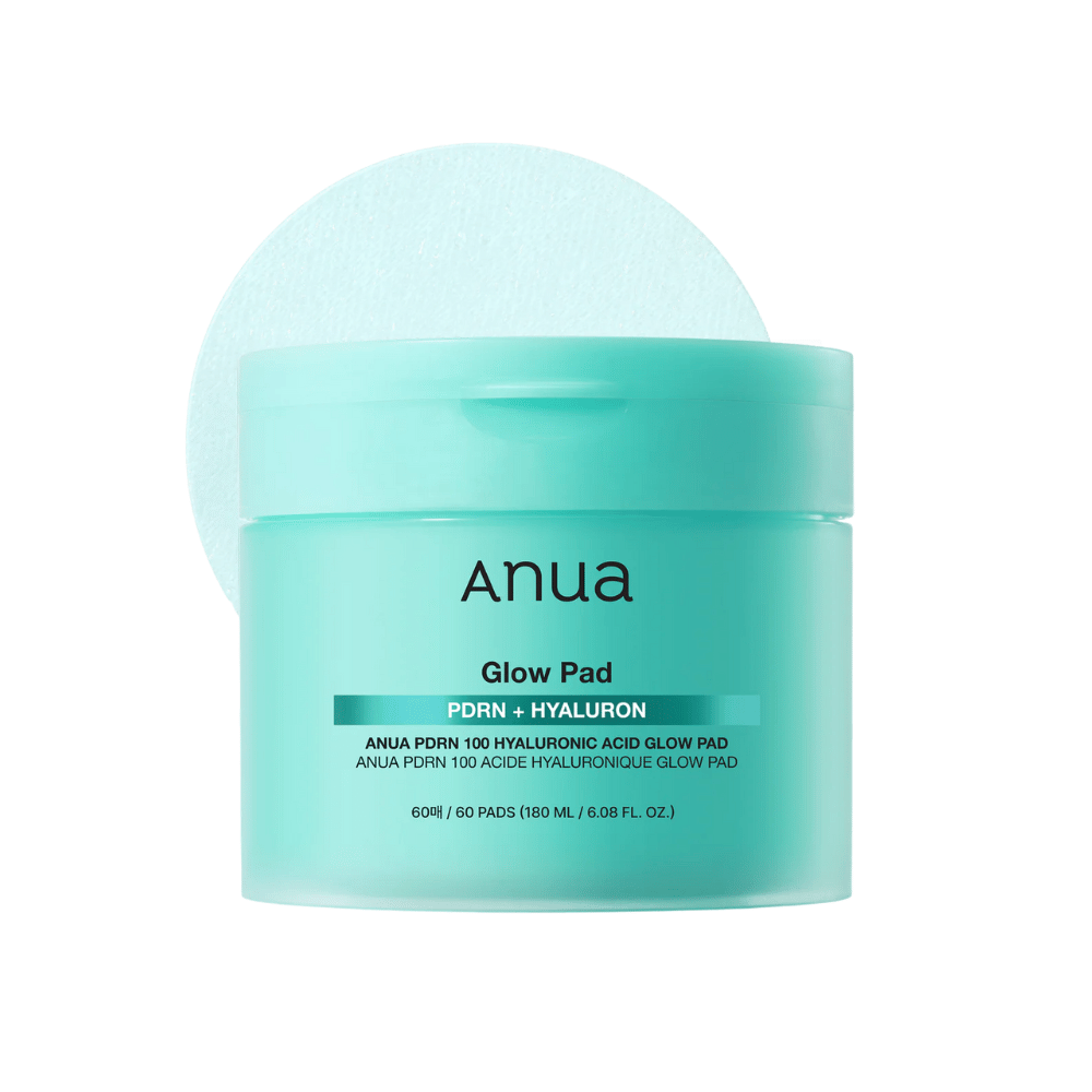Anua PDRN 100 Hyaluronic Acid Glow Pad en empaque turquesa con almohadilla elevada - almohadillas tonificantes hidratantes para hidratación diaria y resplandor.