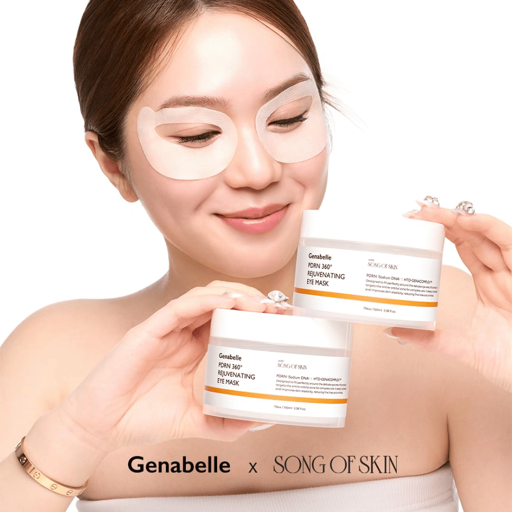 Genabelle PDRN 360° Rejuvenating Eye Mask aplicada alrededor de toda la zona de los ojos para hidratación, mayor elasticidad y una mirada más fresca.