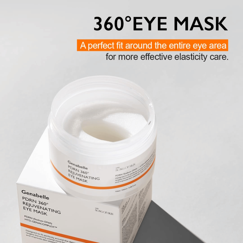 Genabelle PDRN 360° Rejuvenating Eye Mask con ajuste de 360 grados que cubre toda la zona de los ojos para un cuidado eficaz y una elasticidad mejorada.