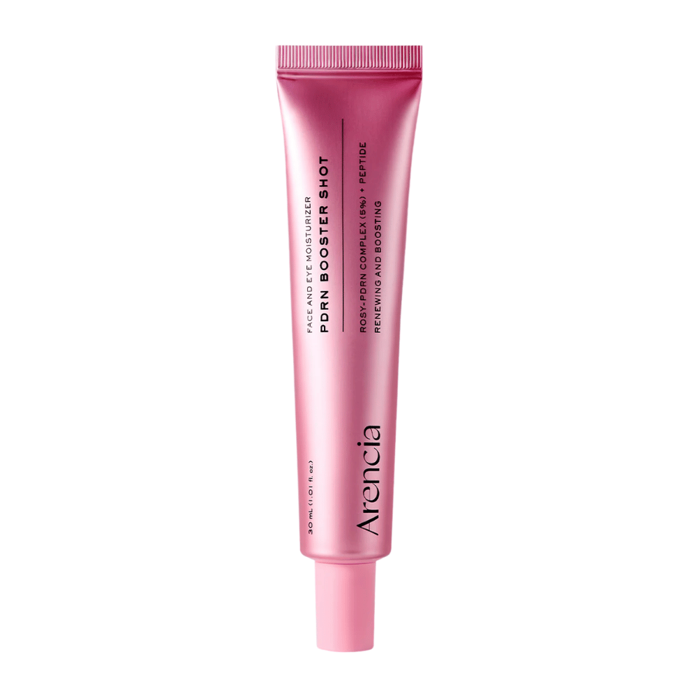 Imagen de producto limpia de Arencia PDRN Booster Shot con envase rosa minimalista y enfoque en el cuidado de la piel hidratante, reparador y que aporta luminosidad.