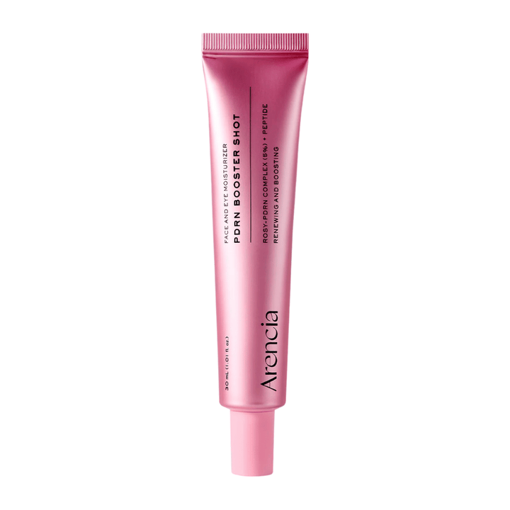 Imagen de producto limpia de Arencia PDRN Booster Shot con envase rosa minimalista y enfoque en el cuidado de la piel hidratante, reparador y que aporta luminosidad.
