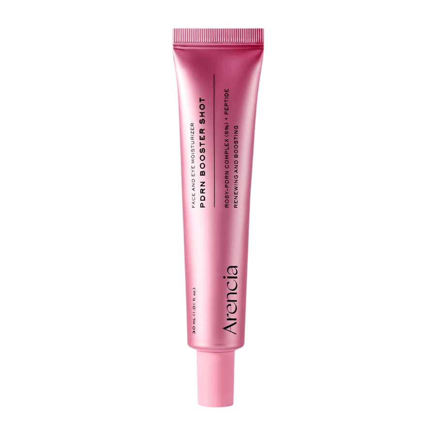 Imagen de producto limpia de Arencia PDRN Booster Shot con envase rosa minimalista y enfoque en el cuidado de la piel hidratante, reparador y que aporta luminosidad.