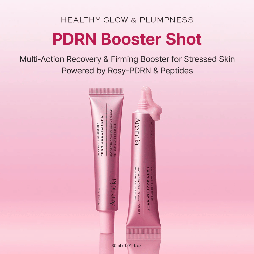 Imagen del producto de Arencia PDRN Booster Shot en diseño de tubo rosa junto con el aplicador abierto. El enfoque está en el glow, una piel más rellena y el cuidado de la piel reparador con PDRN y péptidos.