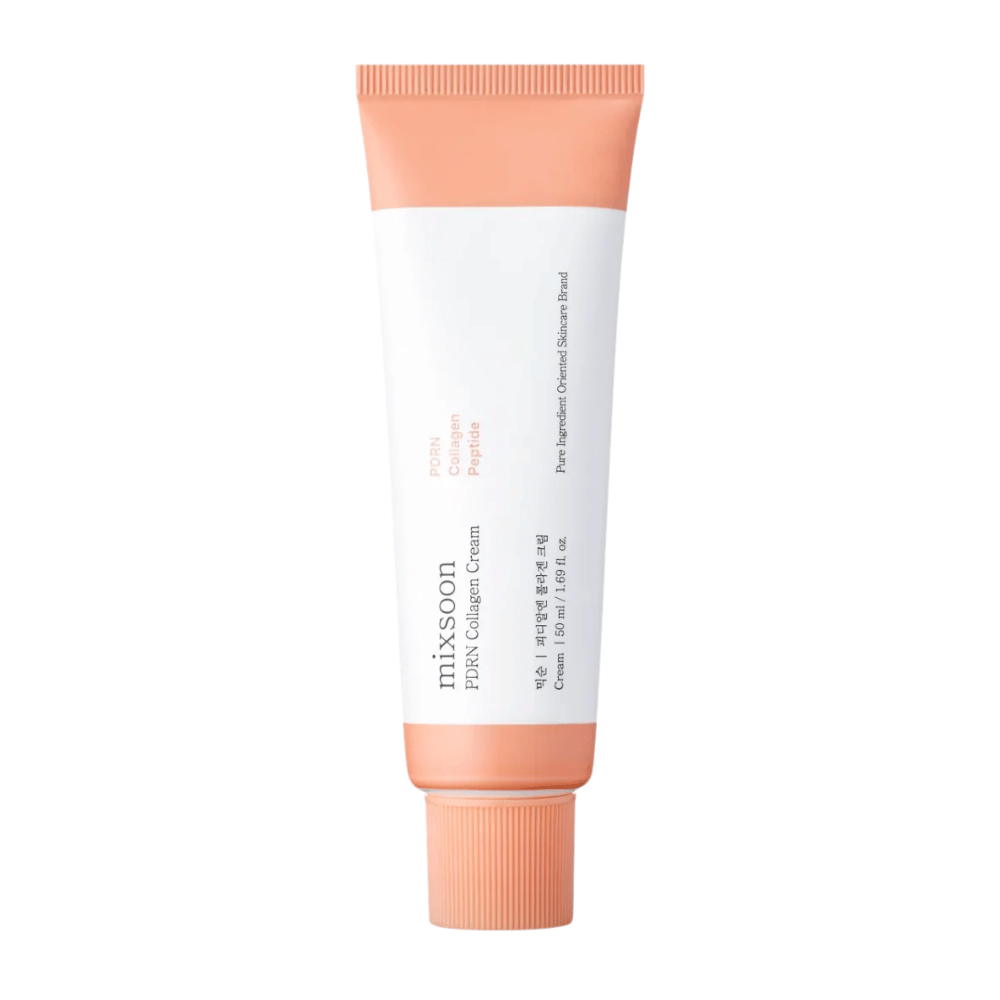 Mixsoon PDRN Collagen Cream en tubo blanco y color melocotón, 50 ml. Una crema hidratante y potenciadora de colágeno para una piel suave y juvenil.