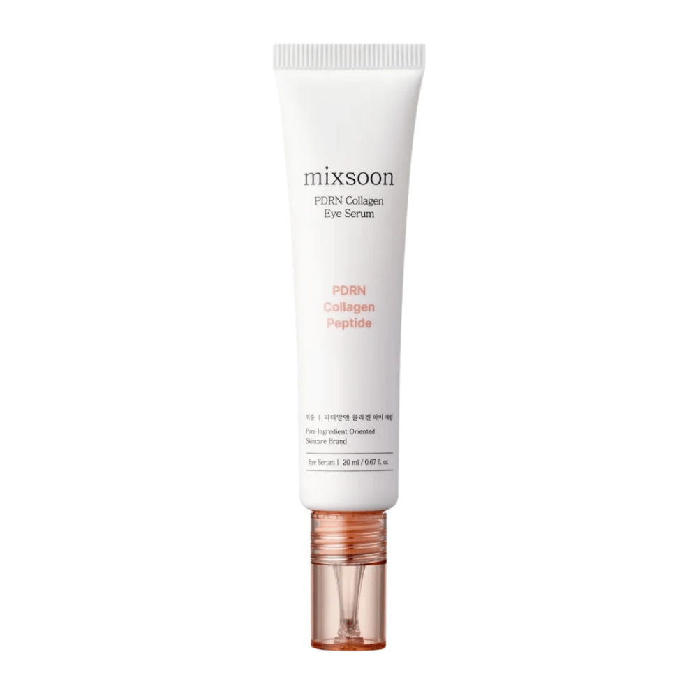 Mixsoon PDRN Collagen Eye Serum en tubo blanco y color durazno con aplicador transparente. Un suero para ojos hidratante y reafirmante, 20 ml.