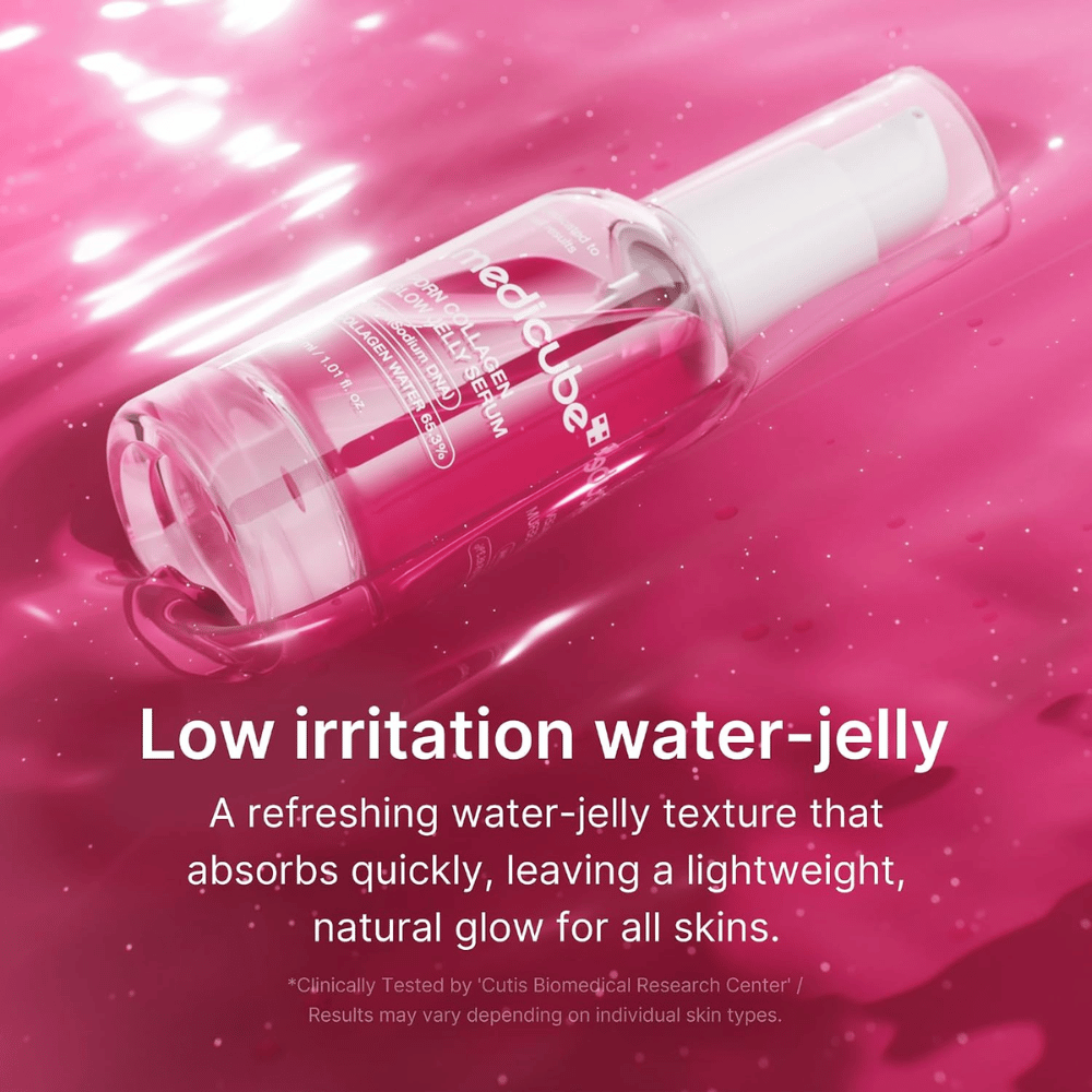 Medicube PDRN Collagen Glow Jelly Serum con una textura ligera de agua-gel que se absorbe rápidamente y aporta luminosidad