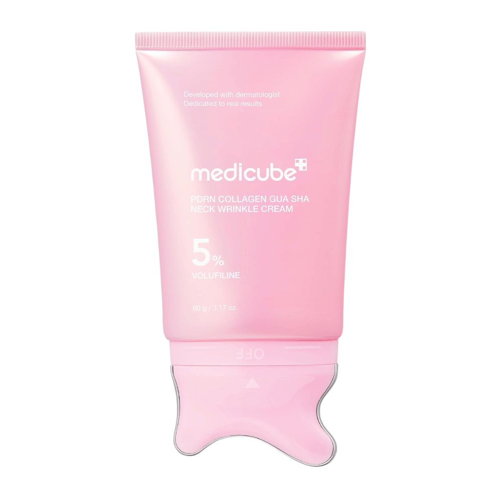 6. Medicube PDRN Collagen Gua Sha Neck Wrinkle Cream 90 g – tubo rosa con aplicador gua sha integrado sobre fondo blanco