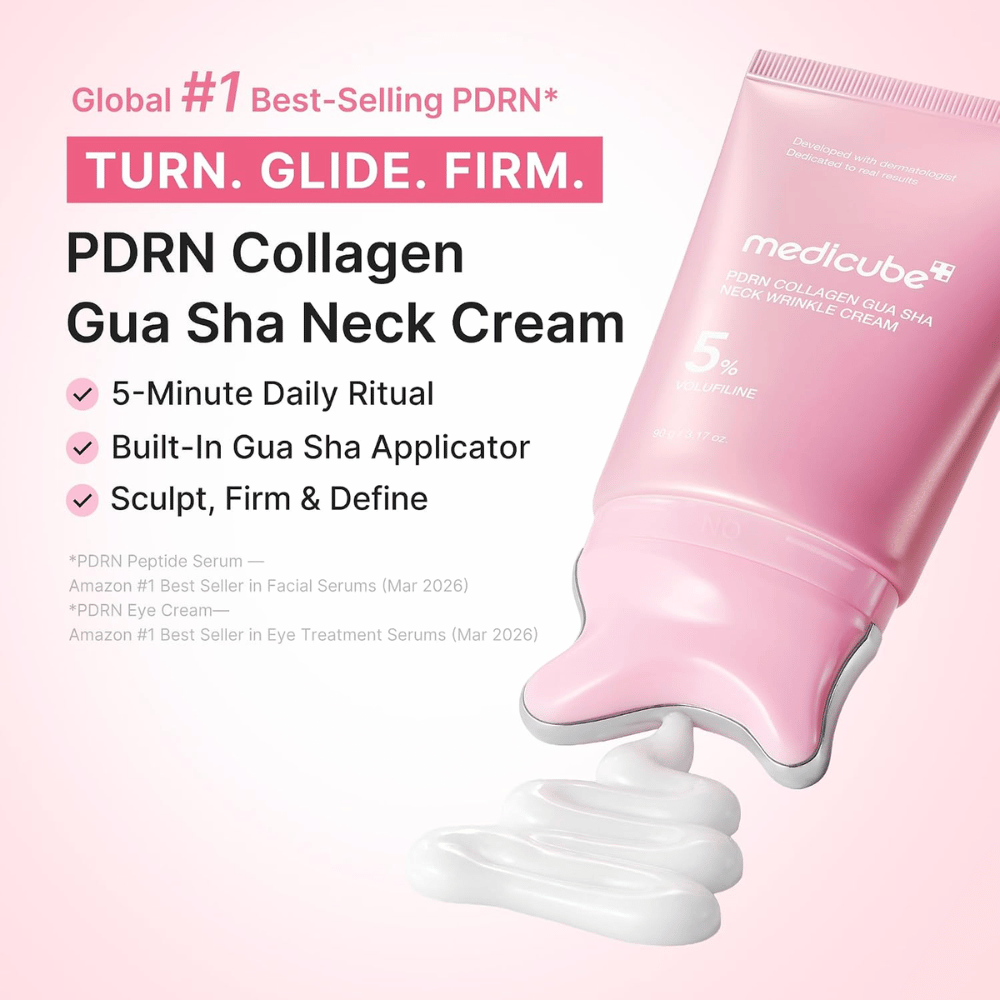 5. Medicube PDRN Collagen Gua Sha Neck Wrinkle Cream – crema rosa para el cuello con aplicador gua sha y textura cremosa
