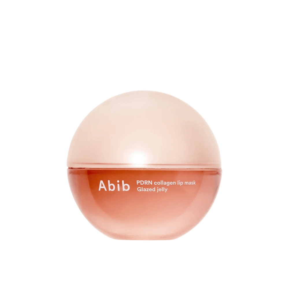 Rosa lata redonda con el texto "Abib PDRN Collagen Lip Mask Glazed Jelly" en la parte delantera, fotografiada sobre fondo blanco.