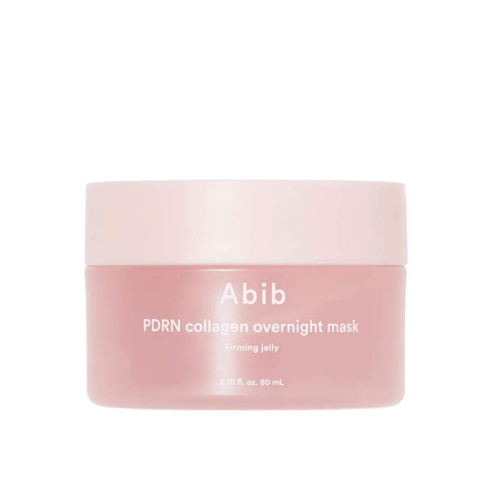 Imagen de producto minimalista de Abib PDRN Collagen Overnight Mask en un tarro rosa, con enfoque en el diseño y el nombre del producto sobre un fondo claro.