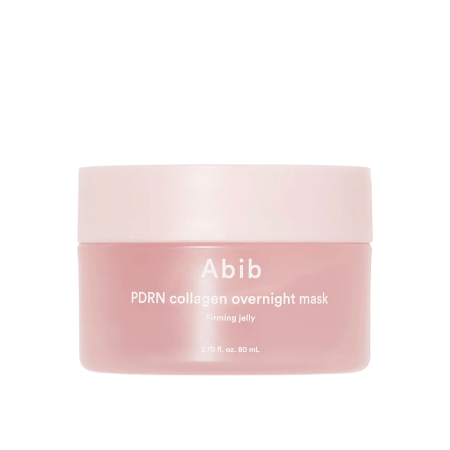 Imagen de producto minimalista de Abib PDRN Collagen Overnight Mask en un tarro rosa, con enfoque en el diseño y el nombre del producto sobre un fondo claro.