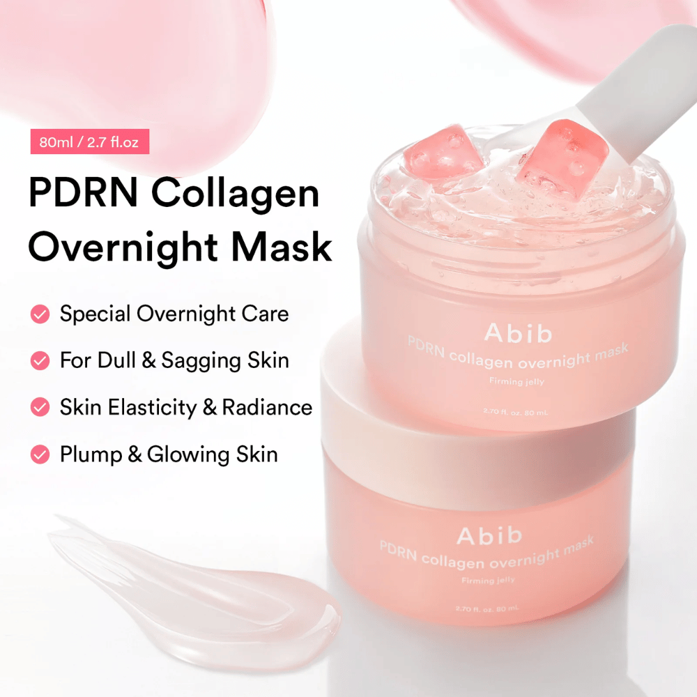 Imagen de producto de Abib PDRN Collagen Overnight Mask con textura de gel rosa y espátula de silicona que resalta las propiedades hidratantes y potenciadoras de luminosidad de la mascarilla nocturna.