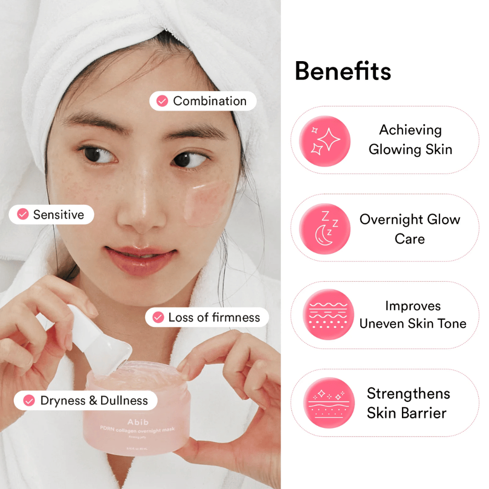 Imagen que destaca los beneficios del producto para la piel sensible, seca y apagada, con enfoque en el glow, la barrera cutánea y la elasticidad mejorada.