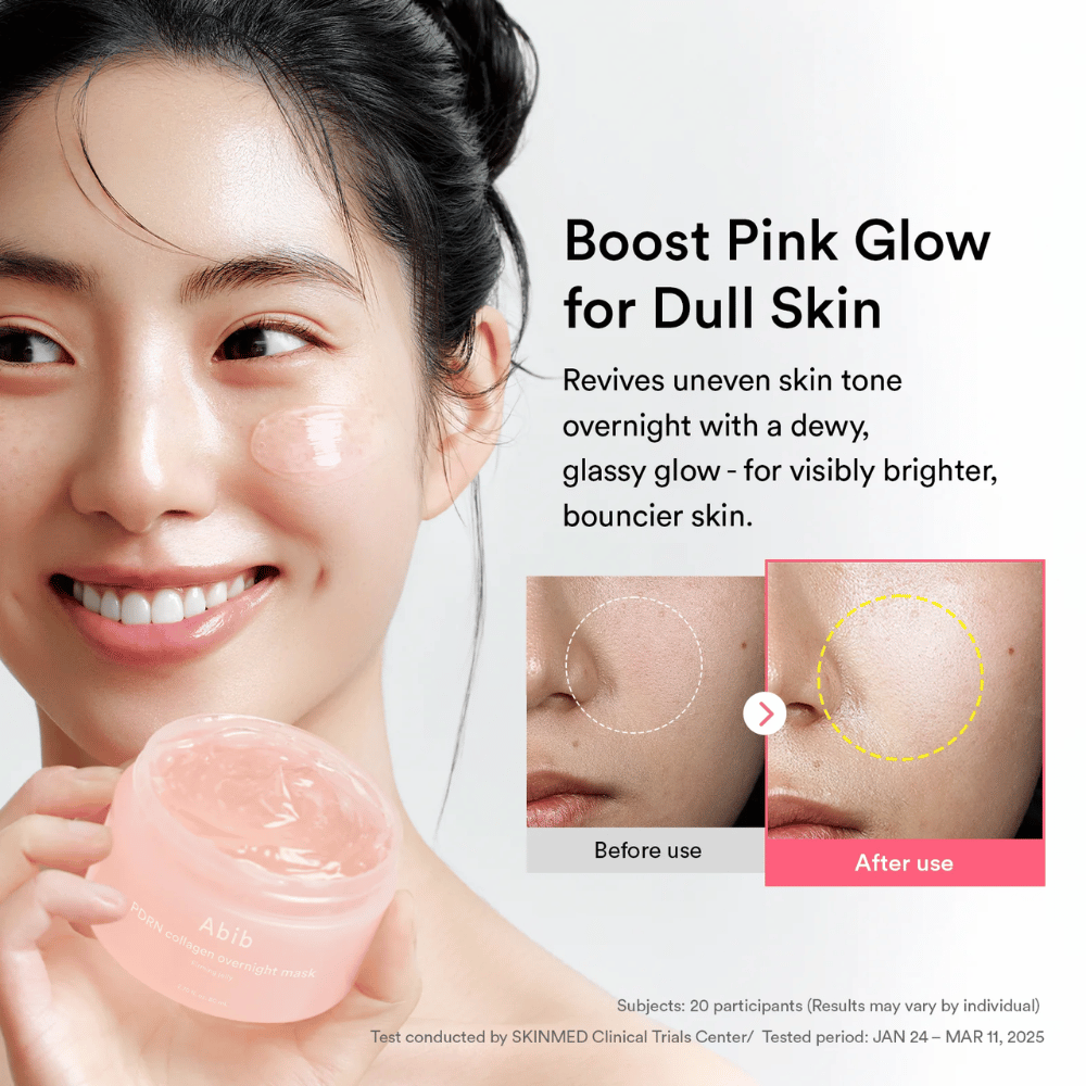Modelo que sostiene Abib PDRN Collagen Overnight Mask junto con una ilustración de antes y después que muestra glow y un tono de piel más uniforme tras su uso durante la noche.