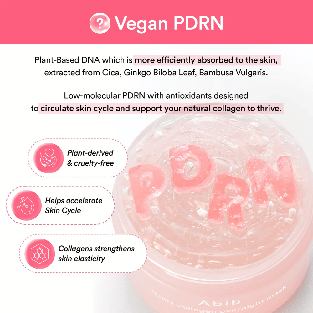 Imagen informativa sobre PDRN vegano con enfoque en ingredientes de origen vegetal, fórmula cruelty-free y apoyo a la producción natural de colágeno y al ciclo cutáneo de la piel.