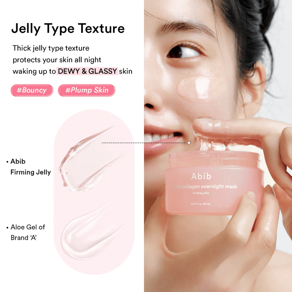 Primer plano de la consistencia gelatinosa de Abib PDRN Collagen Overnight Mask que muestra una textura rica y brillante desarrollada para una piel hidratada y jugosa.