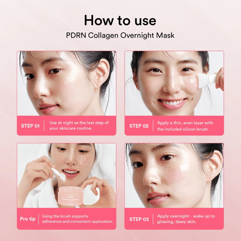 Guía paso a paso que muestra cómo se usa Abib PDRN Collagen Overnight Mask como último paso de la rutina nocturna con la espátula de silicona incluida para una aplicación uniforme durante la noche.