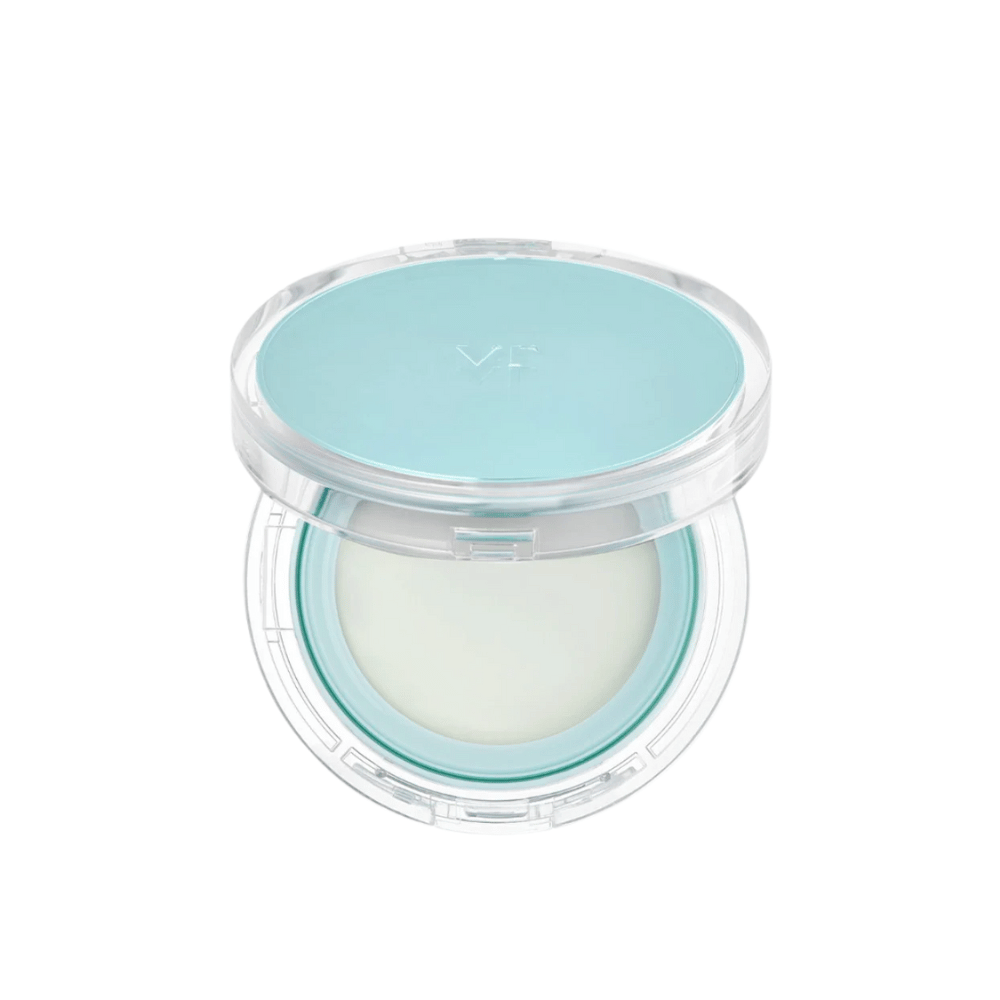 Tarro abierto con VT PDRN Essence Glow Sun Pact. Tiene una superficie interior blanca con una tapa azul, diseñada para ofrecer un resultado radiante en la piel.