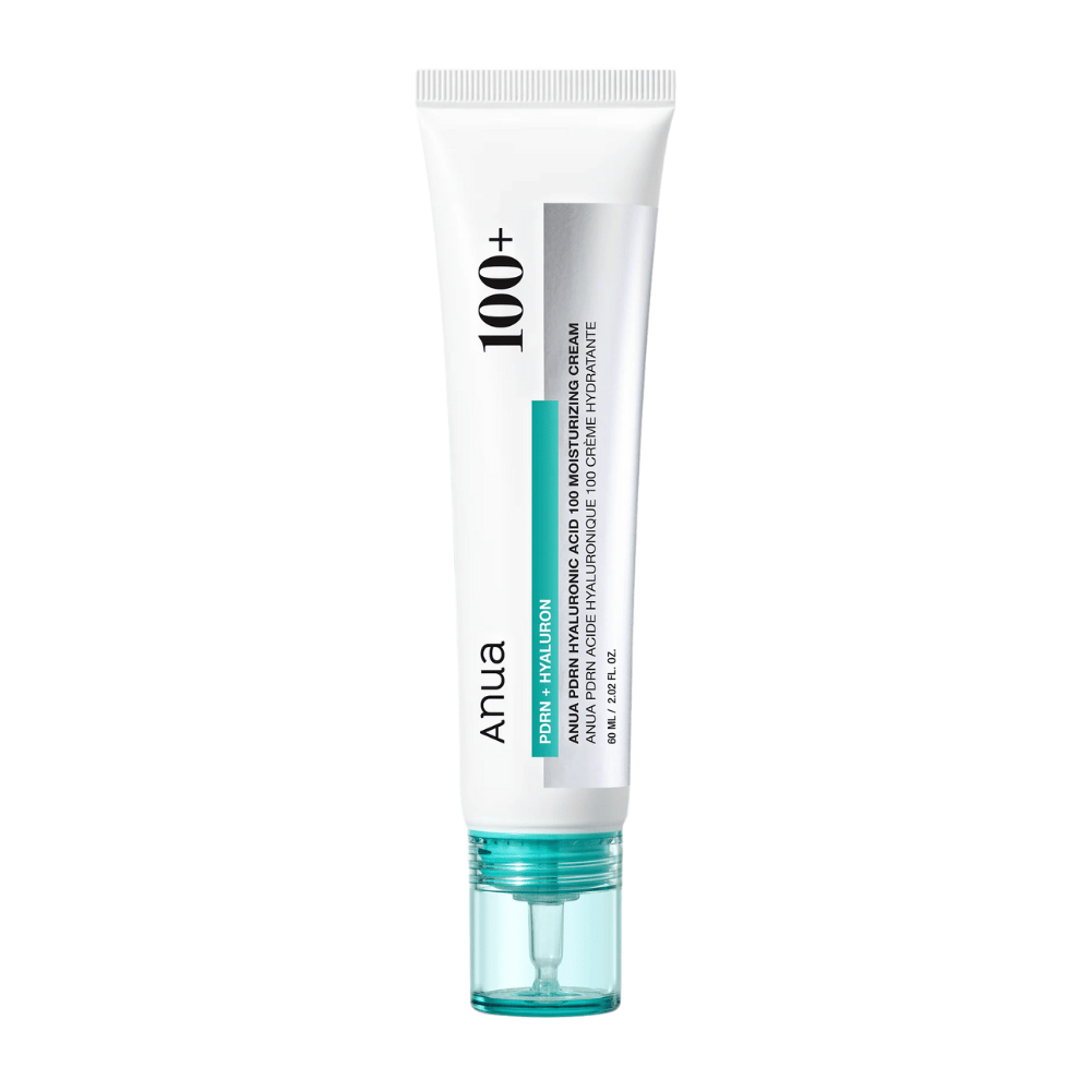 Imagen del producto en Anua PDRN Hyaluronic Acid 100 Moisturizing Cream en tubo blanco con detalle turquesa – crema facial coreana para hidratación profunda.