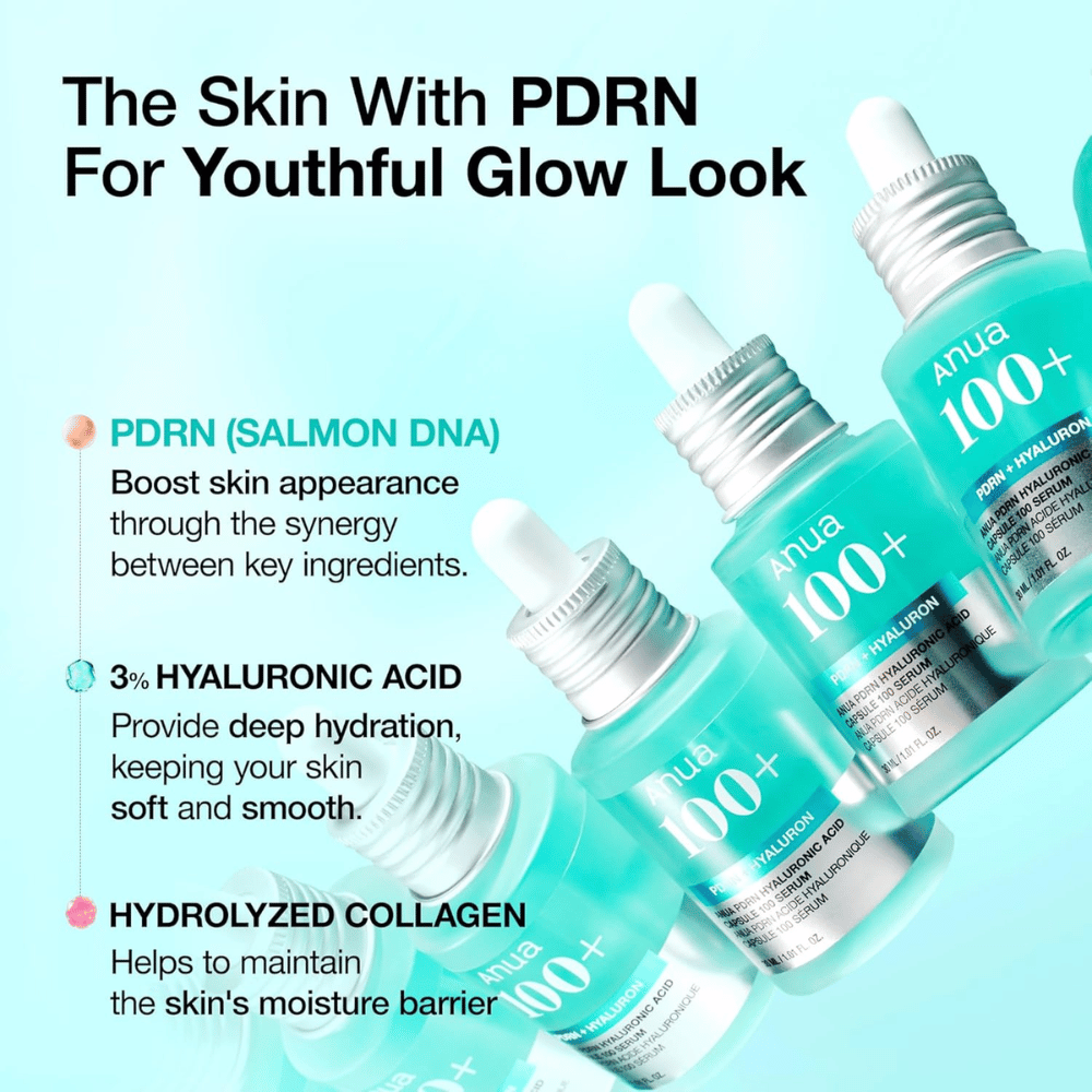 Anua PDRN Hyaluronic Acid Capsule 100 Serum es un potente producto para el cuidado de la piel que contiene PDRN (ADN de salmón) para mejorar el aspecto de la piel, 3 % de ácido hialurónico para hidratación profunda y colágeno hidrolizado para fortalecer la barrera de humedad de la piel. ¡Perfecto para un brillo juvenil!