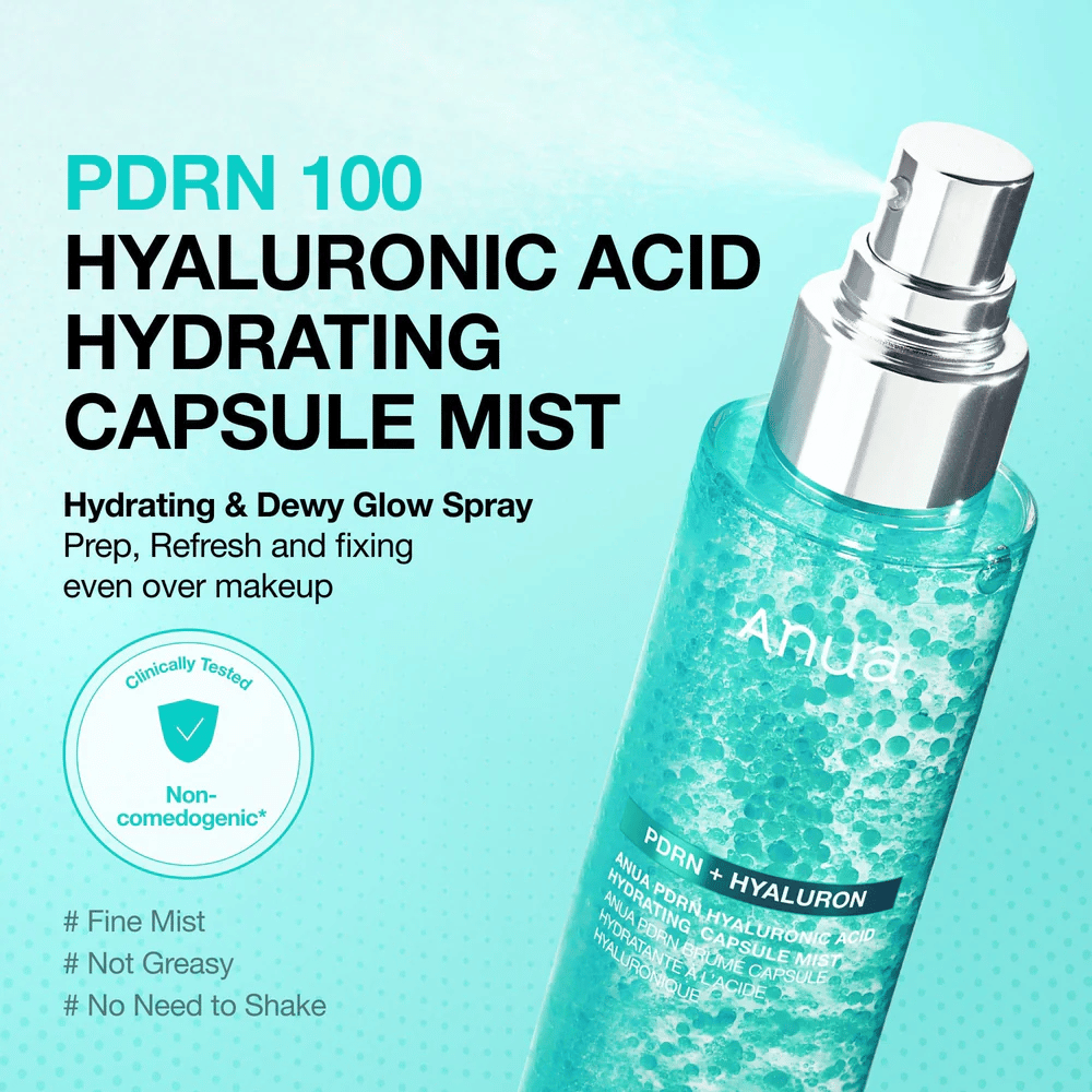 Imagen del producto con la función de spray en foco. El texto describe el producto como una bruma hidratante que aporta glow, puede usarse sobre el maquillaje y no se siente grasosa.