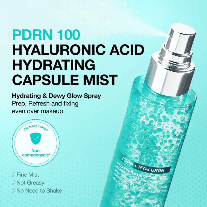 Imagen del producto con la función de spray en foco. El texto describe el producto como una bruma hidratante que aporta glow, puede usarse sobre el maquillaje y no se siente grasosa.