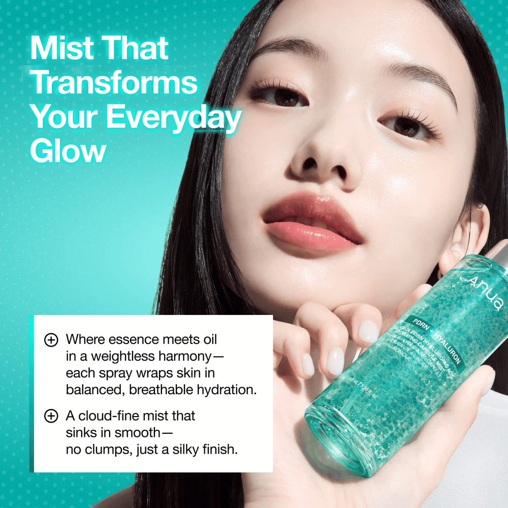 Una modelo sostiene el producto cerca del rostro. La imagen enfatiza el efecto glow y cómo la bruma proporciona un acabado fresco e hidratado incluso sobre el maquillaje.