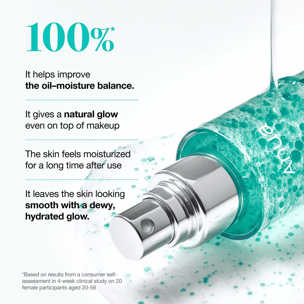 Una imagen del producto donde la botella está acostada con cápsulas verdes visibles en el líquido. El texto destaca efectos como un mejor equilibrio de hidratación, glow natural e hidratación duradera.