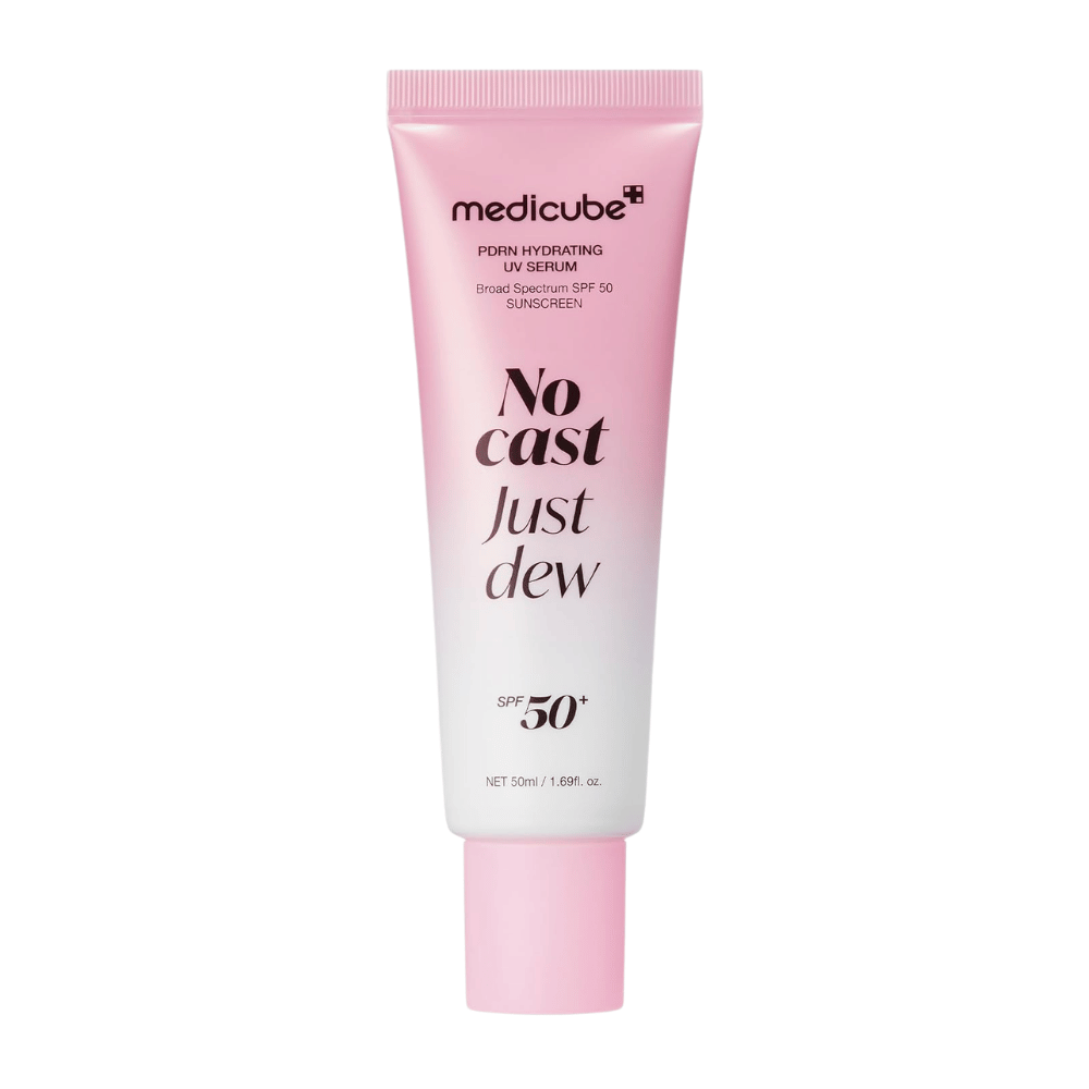 6. Medicube PDRN Hydrating UV Serum SPF 50+ 50 ml – tubo rosa y blanco con protector solar hidratante para el rostro