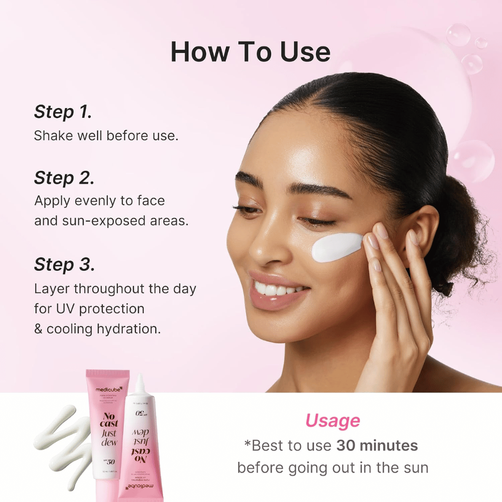 1. Medicube PDRN Hydrating UV Serum SPF 50+ – aplicación de protector solar hidratante en el rostro con instrucciones de uso