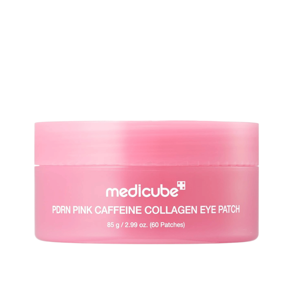 5. Medicube PDRN Pink Caffeine Collagen Eye Patch 60 uds. – tarro rosa con parches de hidrogel para ojos hidratantes sobre fondo blanco