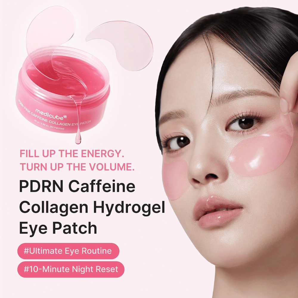 4. Medicube PDRN Pink Caffeine Collagen Eye Patch – mascarillas rosas de hidrogel para ojos hidratantes que aportan luminosidad a la piel