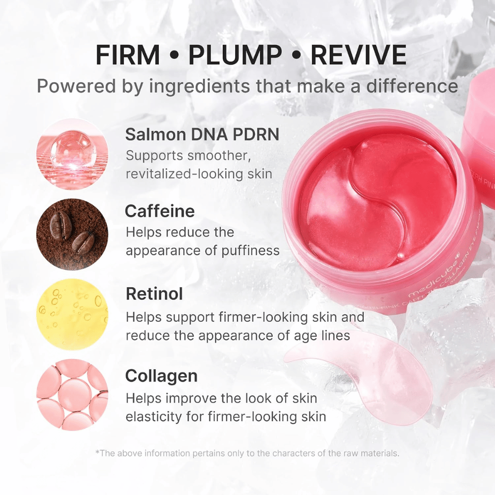 3. Medicube PDRN Pink Caffeine Collagen Eye Patch – con PDRN, cafeína, retinol y colágeno para una piel más firme y menos hinchazón