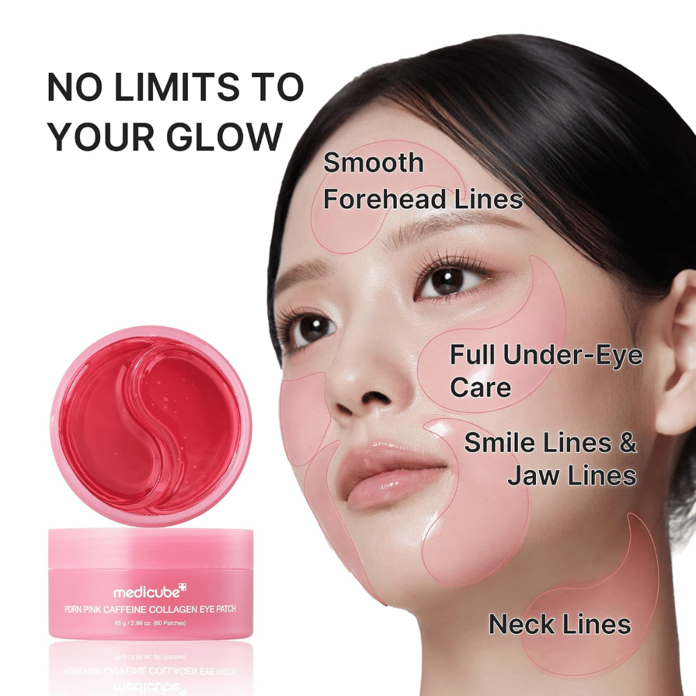 1. Medicube PDRN Pink Caffeine Collagen Eye Patch – mascarillas de hidrogel para líneas finas alrededor de los ojos, la frente, la línea de la mandíbula y el cuello