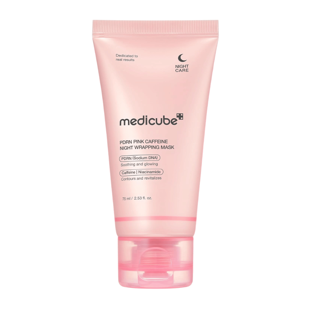 Medicube PDRN Pink Caffeine Night Wrapping Mask 75 ml – mascarilla nocturna coreana con PDRN, cafeína y niacinamida para luminosidad e hidratación.