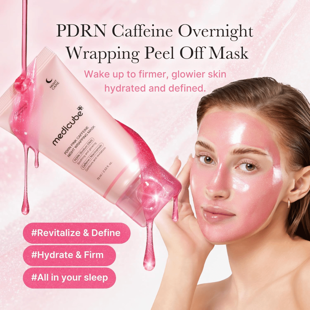 Medicube PDRN Pink Caffeine Night Wrapping Mask – mascarilla nocturna peel off rosa con PDRN y cafeína para hidratación, luminosidad y una sensación más firme.