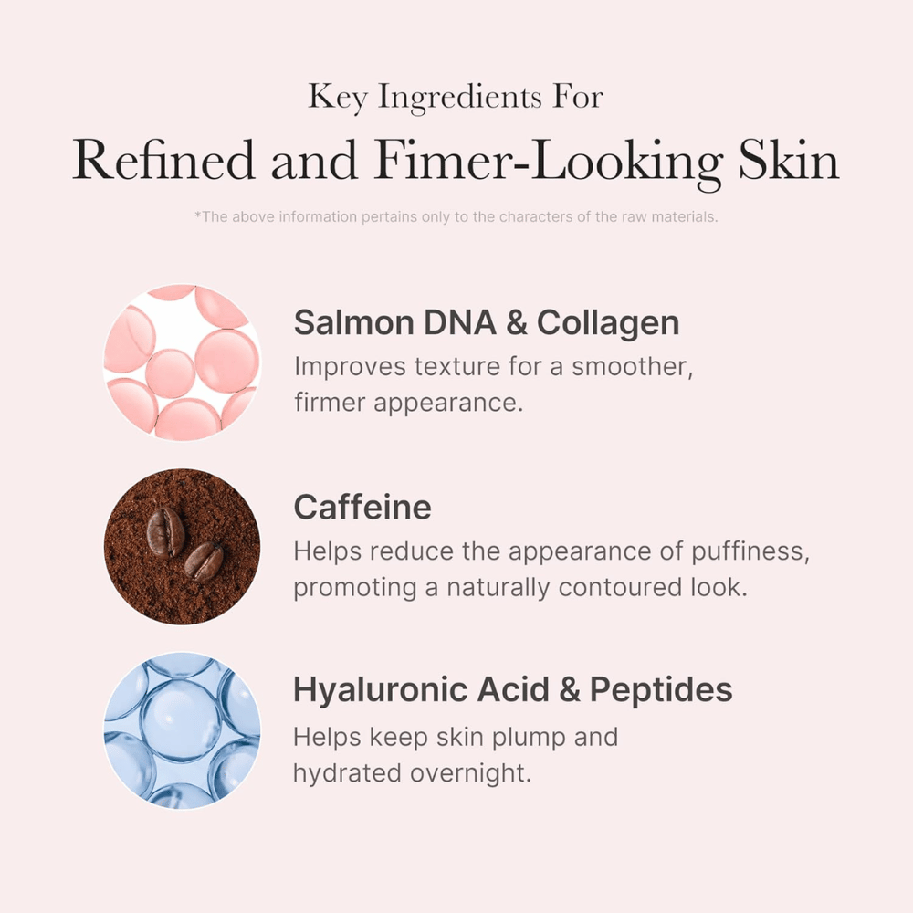 Medicube PDRN Pink Caffeine Night Wrapping Mask con PDRN, colágeno, cafeína, ácido hialurónico y péptidos para una piel hidratada y más firme.