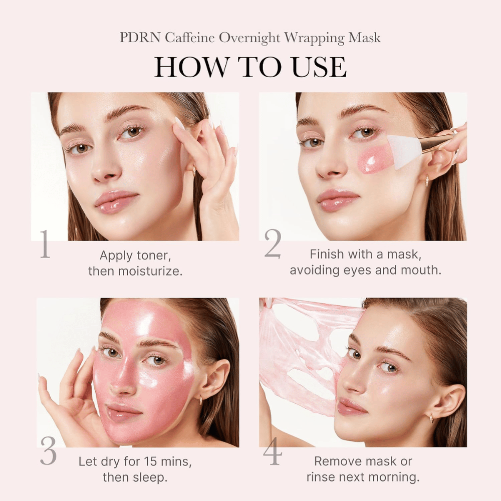 Así se usa Medicube PDRN Pink Caffeine Night Wrapping Mask – aplícalo por la noche, deja que se seque y retira la mascarilla por la mañana.