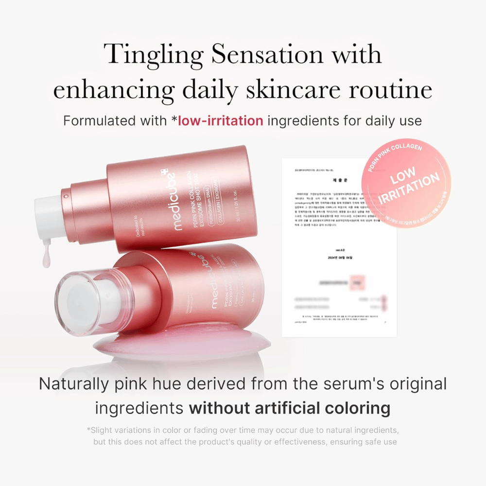 Medicube PDRN Pink Collagen Exosome Shot 2000 con información sobre baja irritación. El producto tiene un color rosa natural procedente de los ingredientes y está desarrollado para el uso diario con una sensación suave sobre la piel.