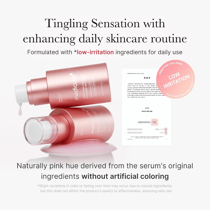 Medicube PDRN Pink Collagen Exosome Shot 2000 con información sobre baja irritación. El producto tiene un color rosa natural procedente de los ingredientes y está desarrollado para el uso diario con una sensación suave sobre la piel.