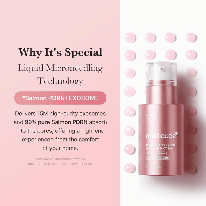 Medicube PDRN Pink Collagen Exosome Shot 2000 en una botella rosa. La imagen destaca la tecnología de microneedling líquido con exosomas y PDRN de salmón para apoyar la luminosidad, la elasticidad y la absorción de la piel.