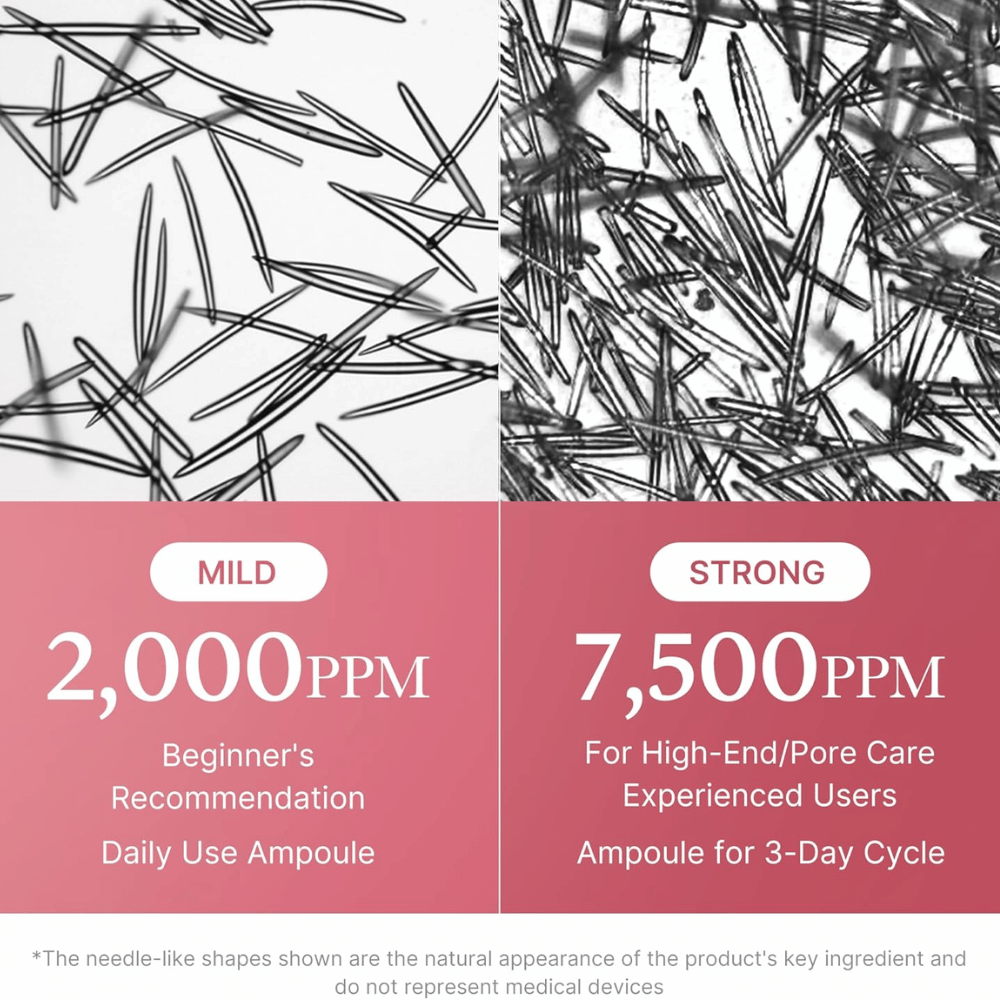 Comparación entre dos concentraciones de Medicube PDRN Pink Collagen Exosome Shot. La imagen muestra 2.000 ppm para uso diario y principiantes, y 7.500 ppm para usuarios experimentados con enfoque en el cuidado de los poros y el cuidado intensivo de la piel.